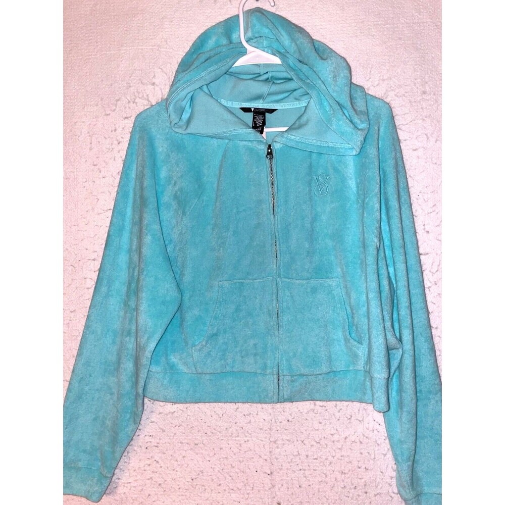 Victoria's Secret On Point Cropped Aqua Blue Full Zip Terry Hoodie Size S